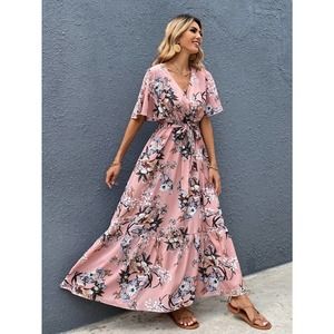 Surplice V Neck Floral Print Belted Short sleeve Maxi Dress pink